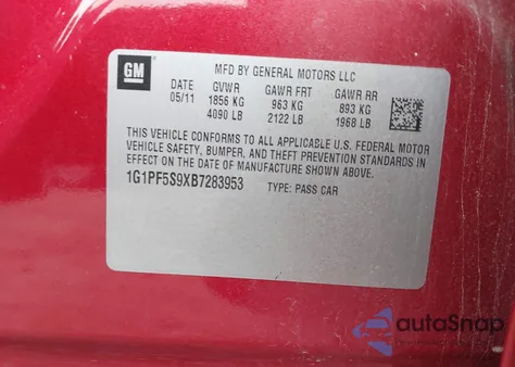 2011 Chevrolet Cruze 1Lt из США, поврежденный, VIN 1G1PF5S9XB7283953